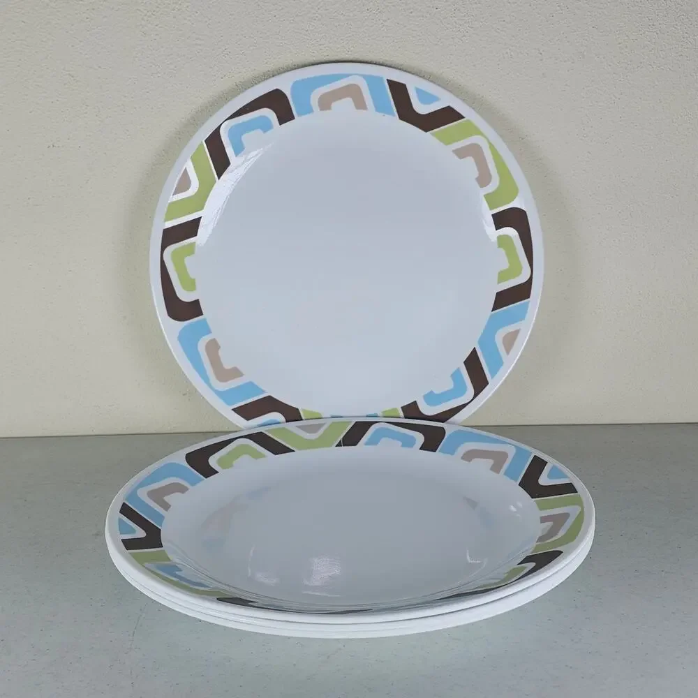 4 Corning Corelle Dishes SQUARED Dinner Plates 10.25” Blue Brown & Green